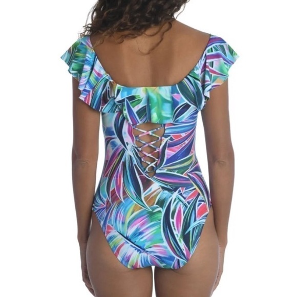 La Blanca Multicolor Palm Opulence Off Shoulder Ruffle One Piece Swimsuit - Picture 4 of 15